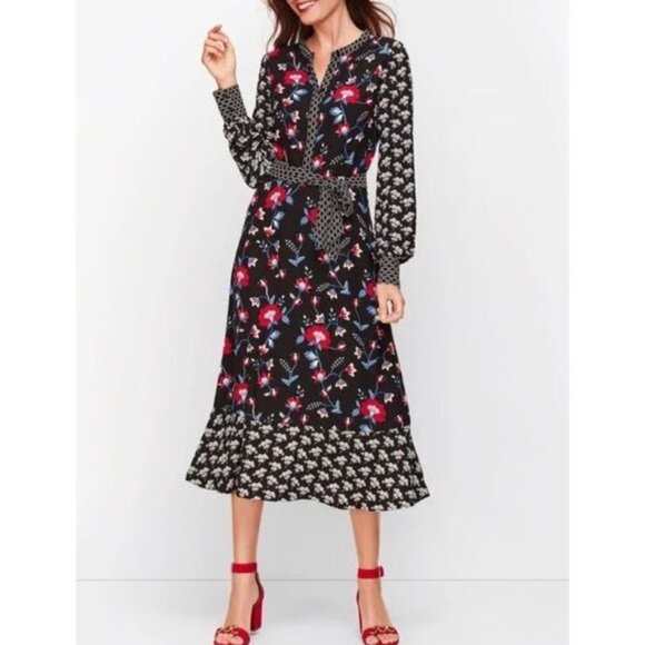 Talbots Sz 10 Dress Mixed Floral Crepe Black Blue Classic Office Boho Midi - Picture 1 of 7